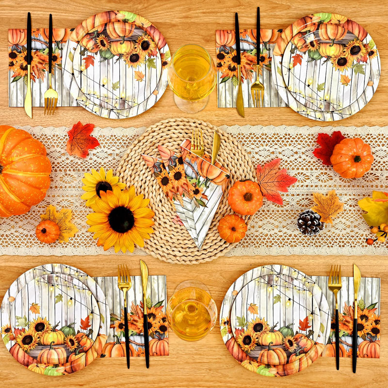 The Holiday Aisle 200PCS Fall Thanksgiving Paper Plates Napkins Disposable Sunflower Pumpkin Fall Harvest Wayfair